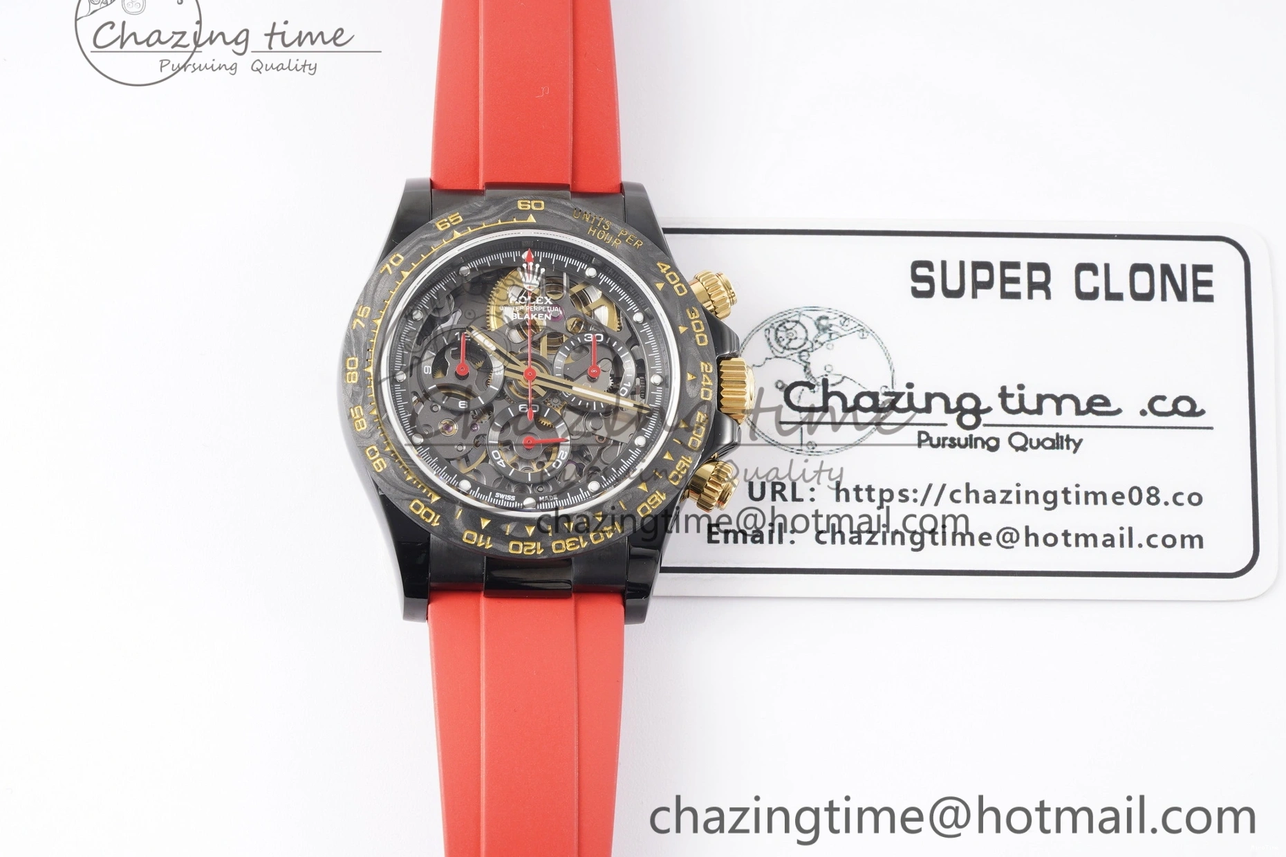 MiroTime 0213 Youthful Daytona PVD Carbon Bezel GETF Best Edition Skeleton Red Dial on Red Rubber Strap SA 1944
